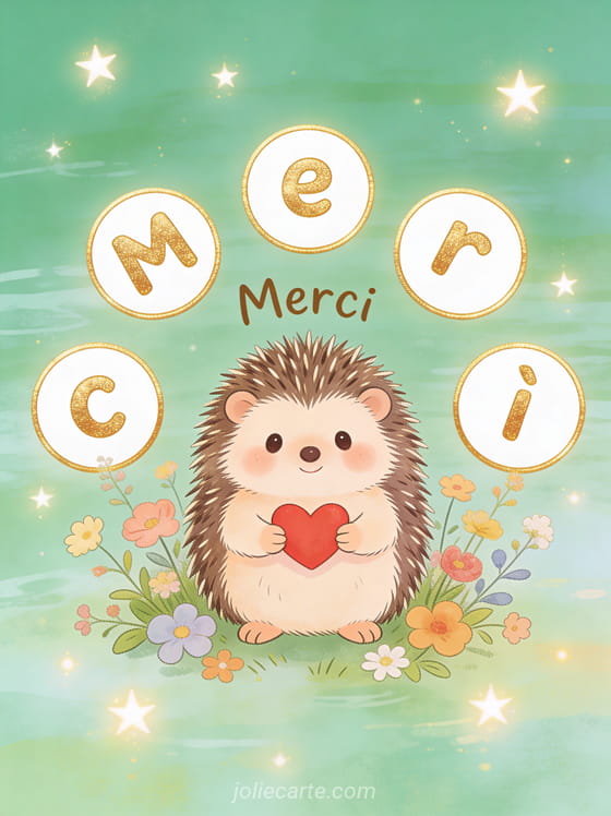 Petit hérisson mignon tenant un coeur rouge entouré de fleurs sauvages sur fond vert pastel avec le texte Merci