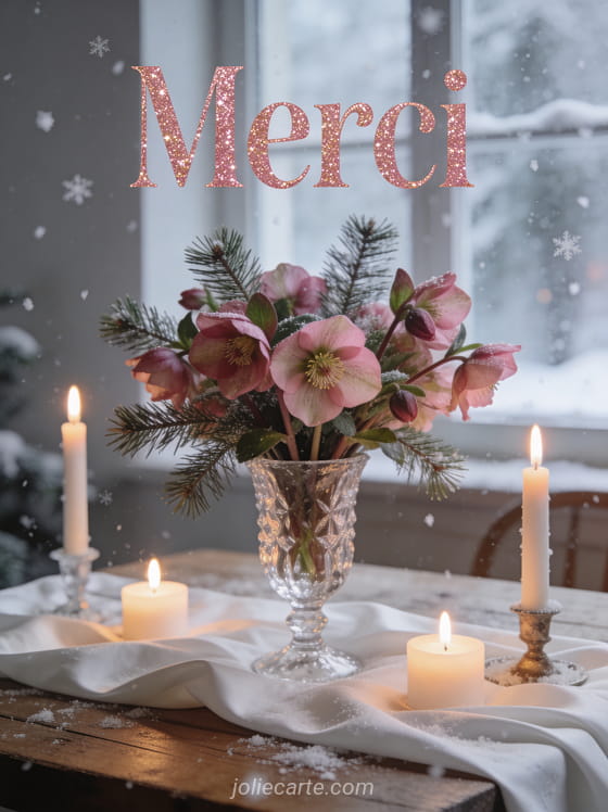 Texte Merci en lettres rose doré pailletées avec un bouquet de fleurs d'hiver et hellébores roses dans un vase en cristal sur une table éclairée aux bougies