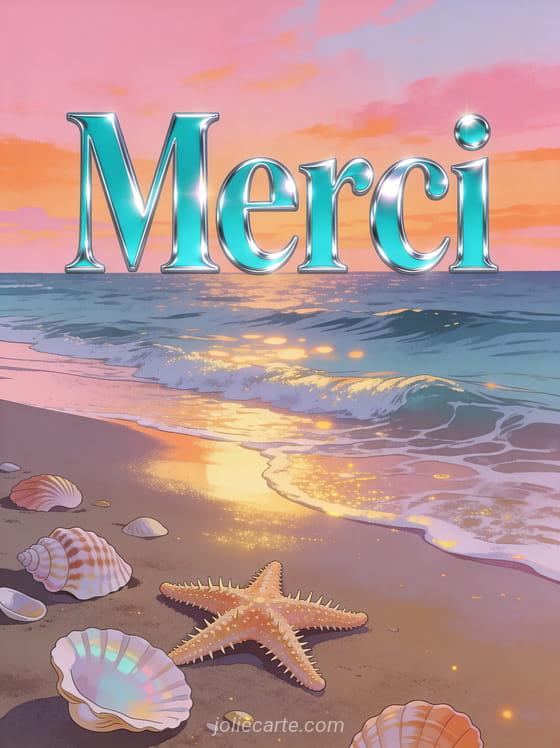 Bord de mer au crépuscule avec coquillages sur le sable et vagues douces avec le texte Merci