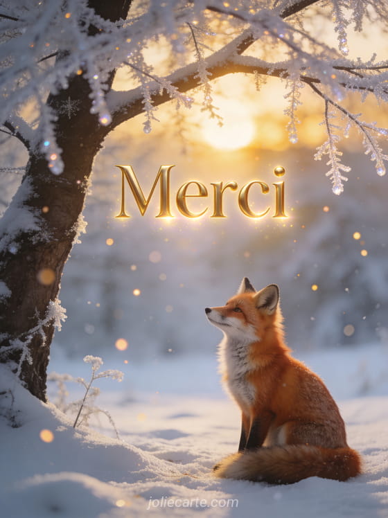 Texte Merci en lettres dorées classiques avec un renard roux assis dans la neige sous un arbre givré éclairé par le soleil couchant d'hiver