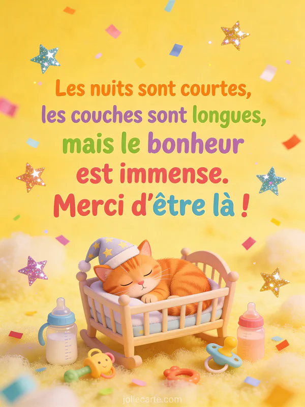 Chat roux endormi dans un berceau miniature avec bonnet de nuit entouré de biberons et jouets style cartoon