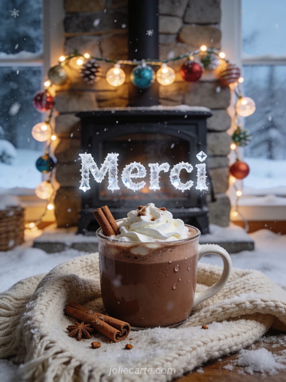 Texte Merci en lettres blanches givrées cristallines avec une tasse de chocolat chaud devant une cheminée et vue sur un jardin enneigé par la fenêtre
