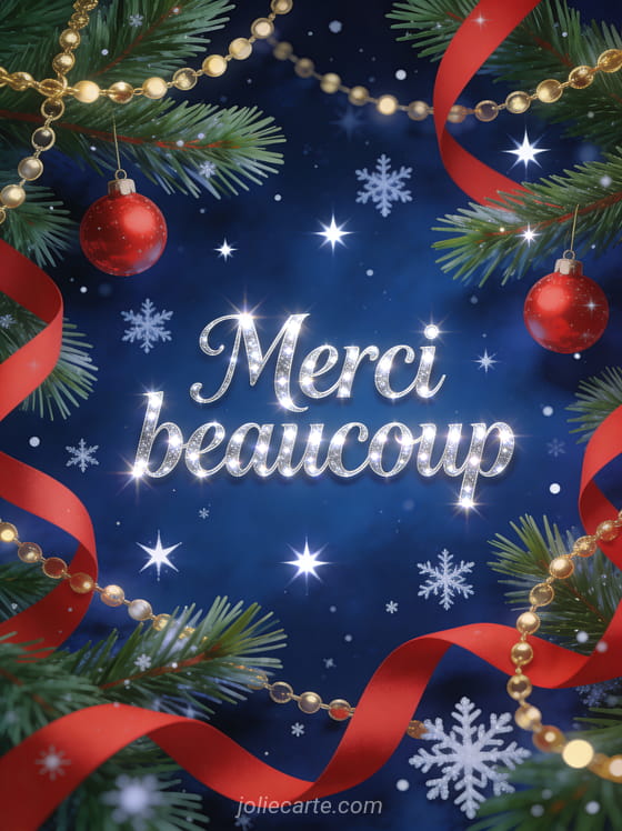 Texte Merci beaucoup en lettres argentées scintillantes avec des branches de sapin décorées de boules rouges et guirlandes dorées sur fond bleu nuit étoilé