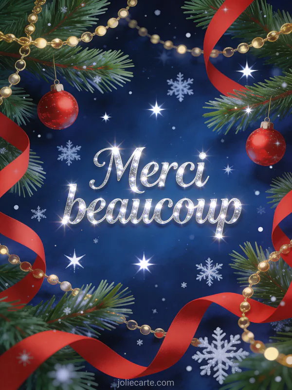 Texte Merci beaucoup en lettres argentées scintillantes avec des branches de sapin décorées de boules rouges et guirlandes dorées sur fond bleu nuit étoilé