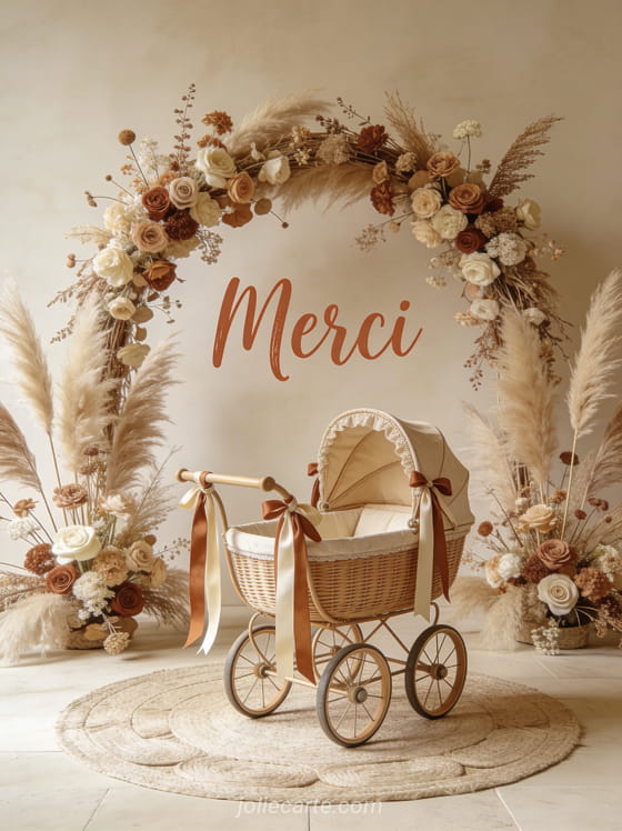 Arche de fleurs séchées et pampa en tons neutres avec un petit landau vintage au centre style bohème