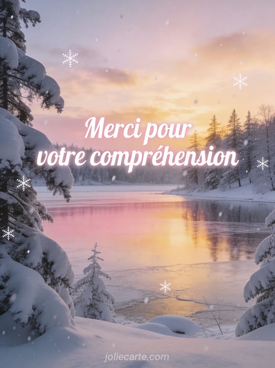 Texte Merci pour votre compréhension en lettres blanches cursives sur un paysage hivernal avec lac gelé reflétant un ciel rose et doré au crépuscule