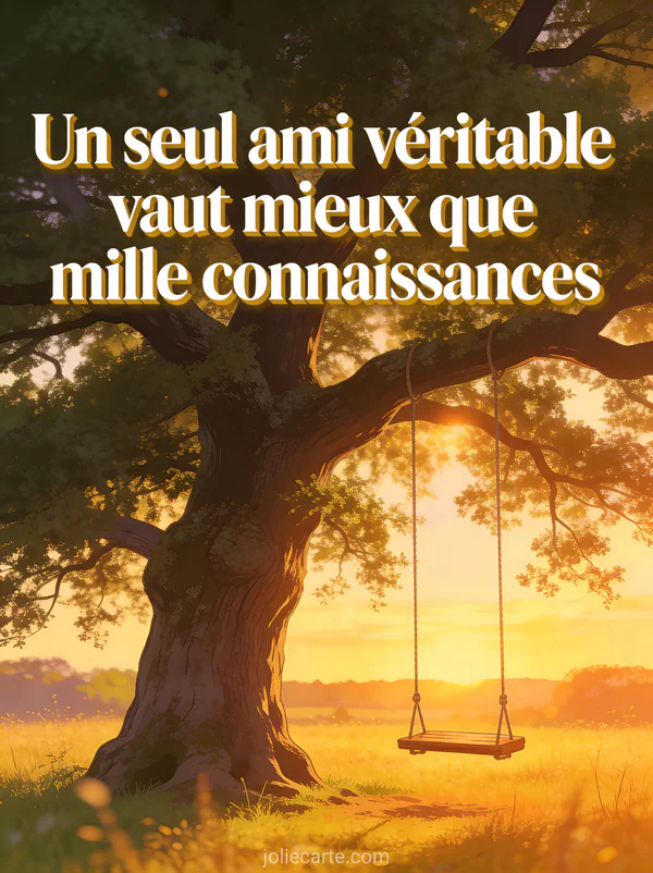 Vieux chêne majestueux au coucher du soleil dans une prairie dorée avec balançoire en bois et citation