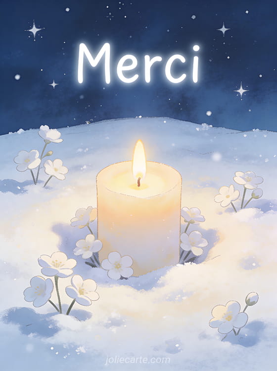 Texte Merci en lettres blanches sobres avec une bougie allumée posée dans la neige entourée de petites fleurs blanches sous un ciel hivernal étoilé