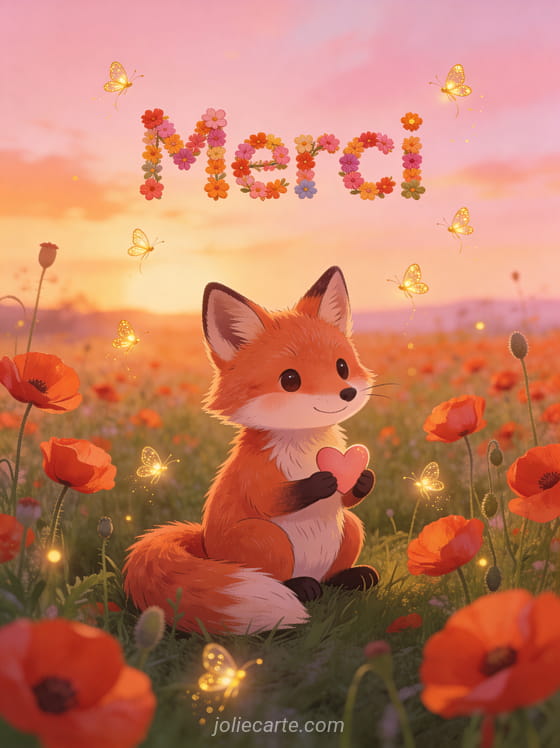 Renard roux mignon assis dans un champ de coquelicots tenant un coeur avec des lucioles dorées et le texte Merci