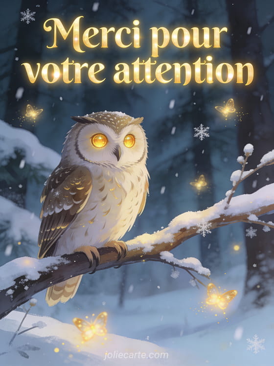 Texte Merci pour votre attention en lettres dorées avec un hibou aux yeux dorés perché sur une branche enneigée dans une forêt hivernale enchantée
