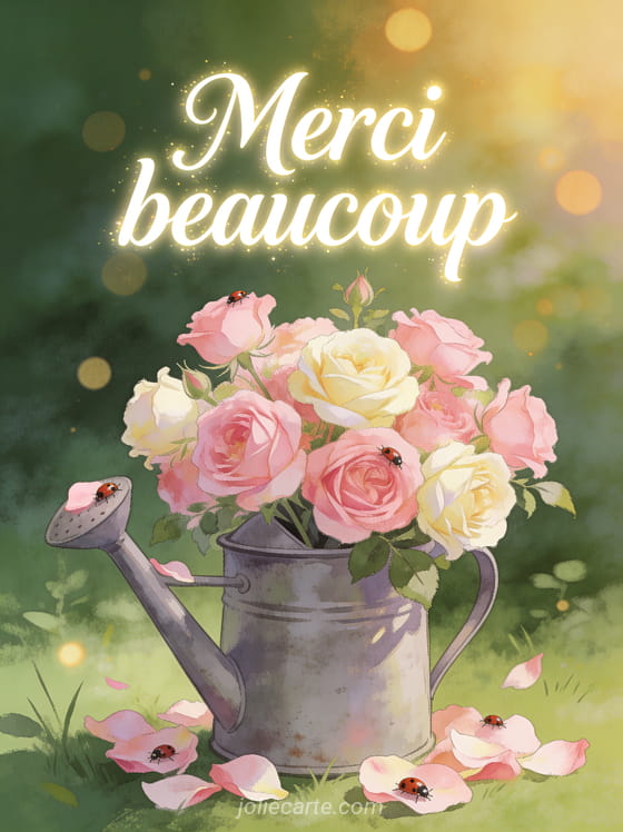 Arrangement de roses anglaises roses et crème dans un arrosoir en zinc vintage avec coccinelles et bokeh lumineux