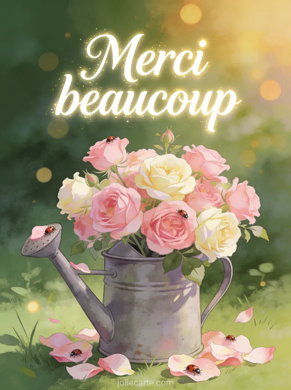 Arrangement de roses anglaises roses et crème dans un arrosoir en zinc vintage avec coccinelles et bokeh lumineux