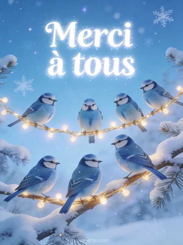 Texte Merci à tous en lettres blanches lumineuses avec des mésanges bleues perchées sur une guirlande dorée entre des branches enneigées sous un ciel hivernal