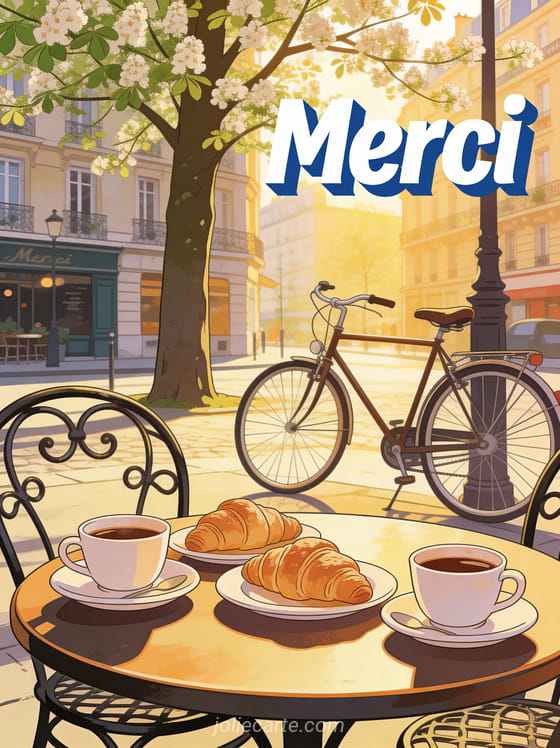Terrasse de café parisienne au printemps avec tables en fer forgé croissants et vélo vintage avec le texte Merci