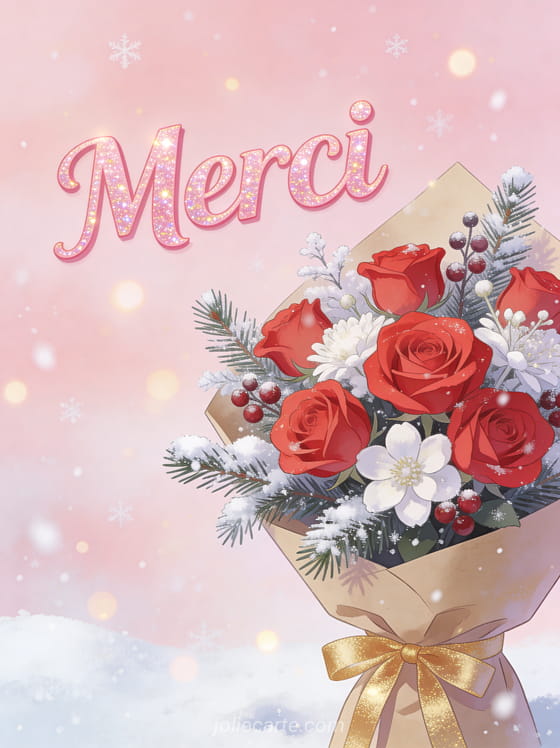 Texte Merci en lettres rose pastel pailletées avec un bouquet de roses rouges et fleurs blanches d'hiver enveloppé dans du papier kraft avec ruban doré sur fond de neige