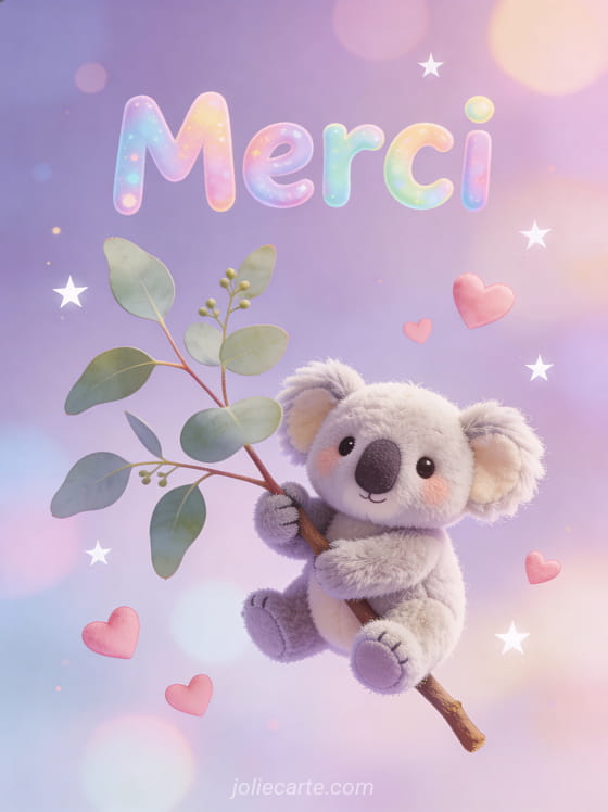 Petit koala en peluche accroché à une branche d’eucalyptus avec coeurs roses et étoiles sur fond lilas pastel