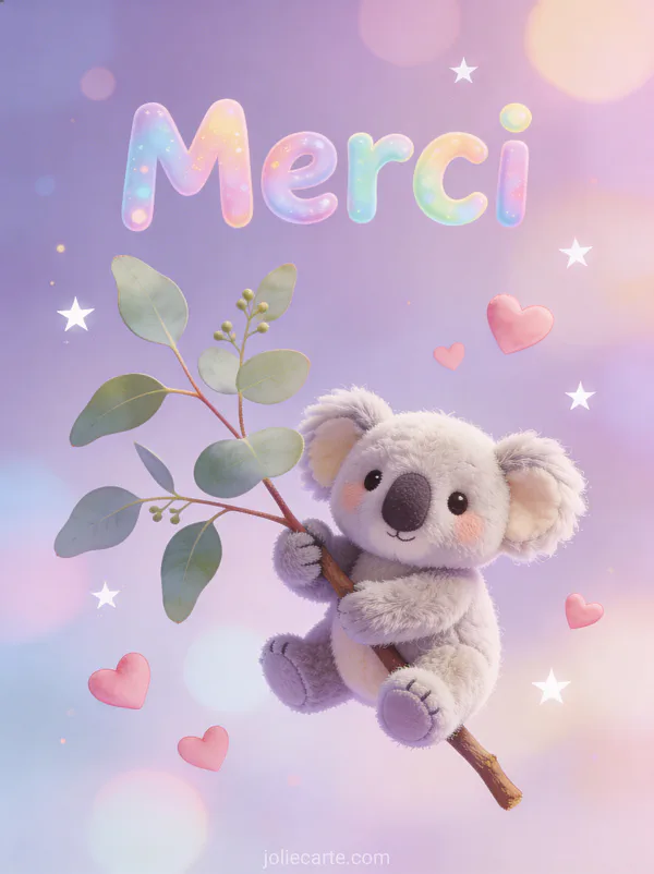 Petit koala en peluche accroché à une branche d’eucalyptus avec coeurs roses et étoiles sur fond lilas pastel