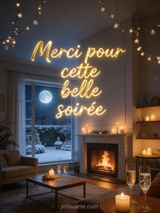 Texte Merci pour cette belle soirée en lettres dorées cursives avec un salon chaleureux, cheminée allumée, coupes de champagne et vue sur un jardin enneigé au clair de lune