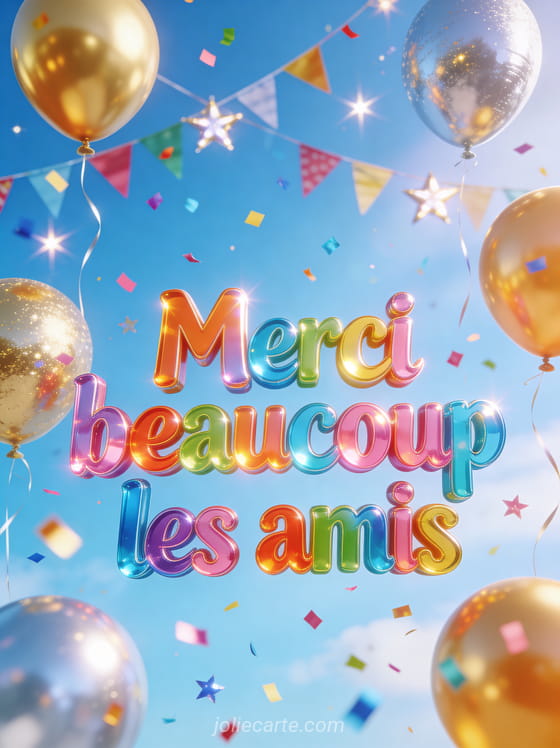 Confettis multicolores tombant du ciel avec ballons dorés et argentés et le texte Merci beaucoup les amis