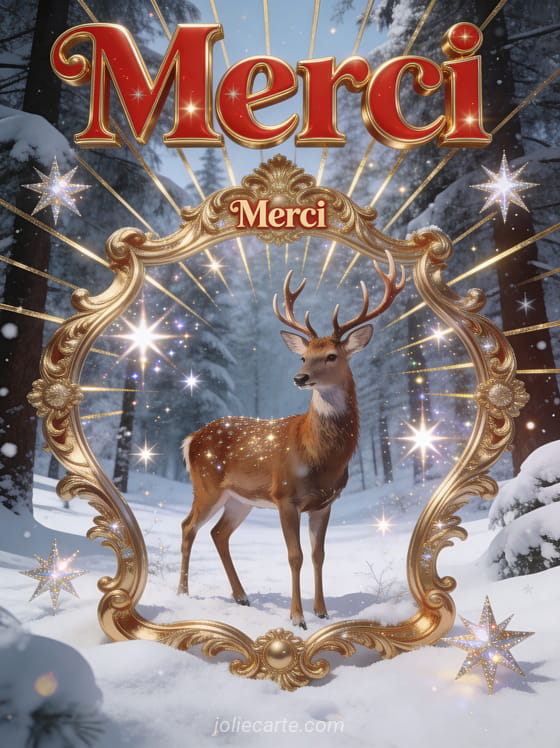 Texte Merci en lettres rouges vintage dorées avec un cerf majestueux dans une forêt enneigée entouré d'étoiles scintillantes et un cadre baroque doré