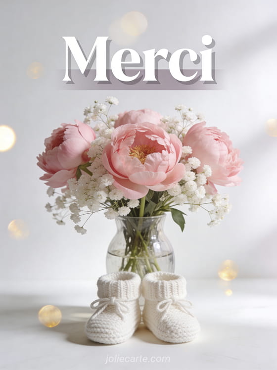 Pivoines roses et gypsophile dans un vase en verre avec petits chaussons tricotés sur fond blanc lumineux