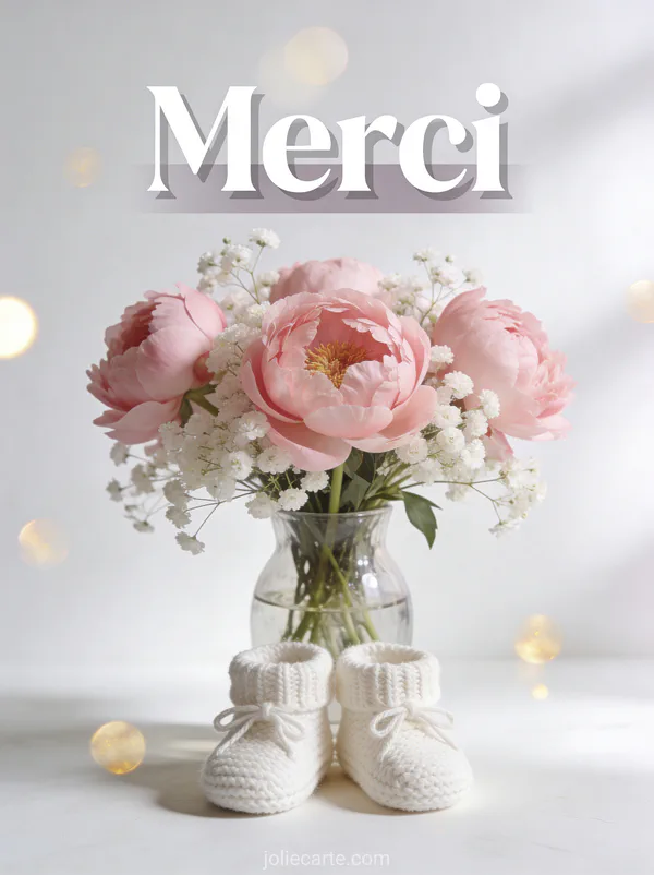 Pivoines roses et gypsophile dans un vase en verre avec petits chaussons tricotés sur fond blanc lumineux
