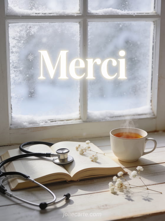 Texte Merci en lettres blanches élégantes avec un stéthoscope posé sur un livre ouvert garni de fleurs blanches séchées près d'une fenêtre givrée