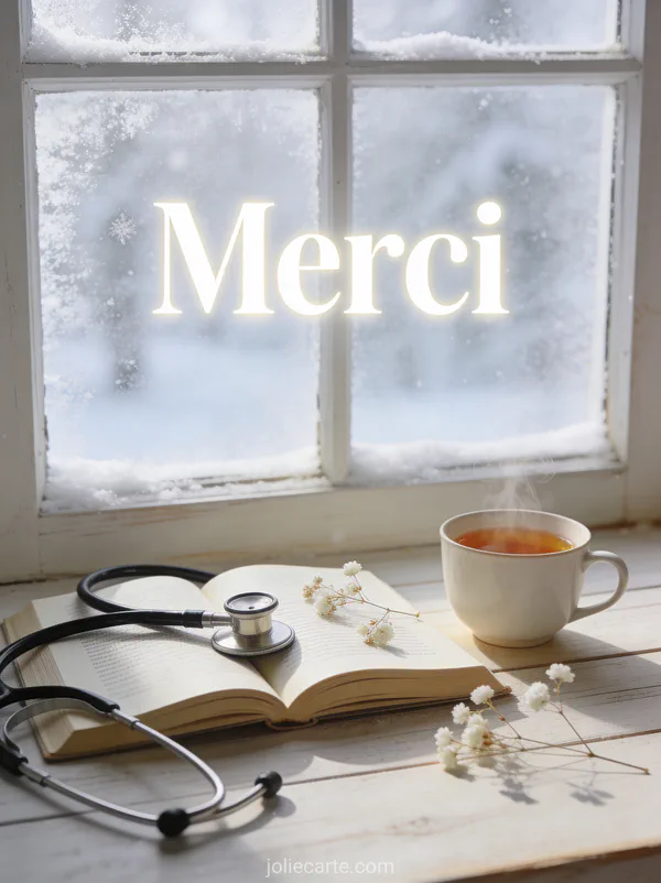 Texte Merci en lettres blanches élégantes avec un stéthoscope posé sur un livre ouvert garni de fleurs blanches séchées près d'une fenêtre givrée