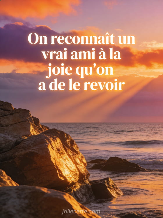 Coucher de soleil sur la mer avec rochers dorés au premier plan et ciel orangé et violet avec la citation