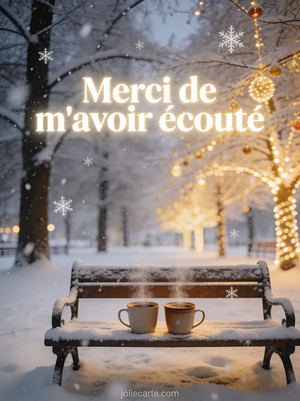 Texte Merci de m'avoir écouté en lettres blanches douces avec deux tasses de café fumantes côte à côte sur un banc enneigé dans un parc hivernal aux arbres givrés
