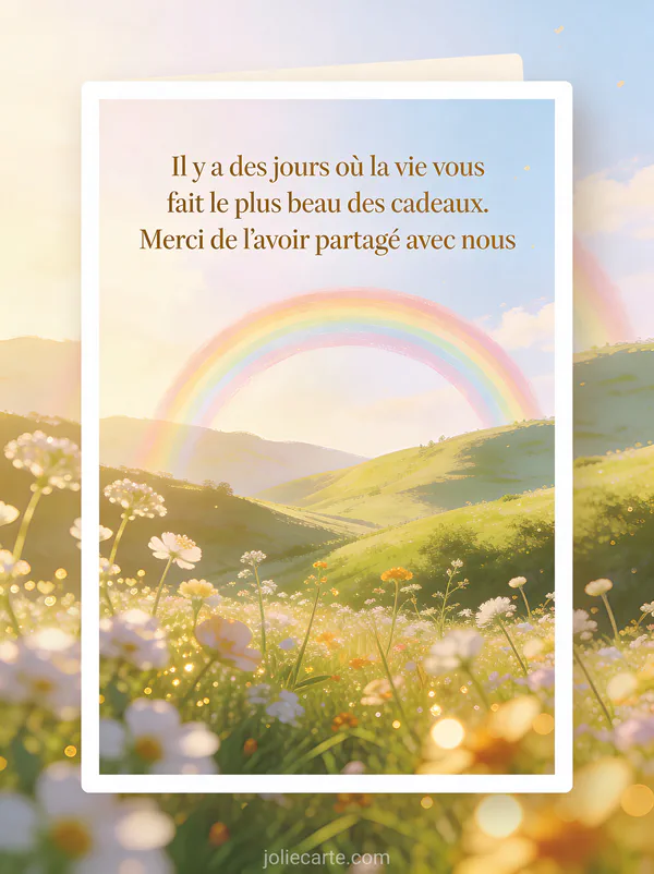 Arc-en-ciel au-dessus de collines verdoyantes avec fleurs des champs et lumière dorée du matin