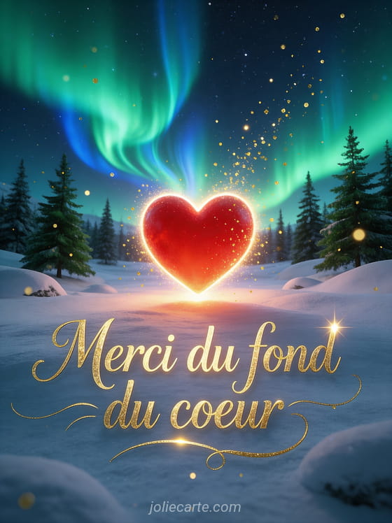 Texte Merci du fond du coeur en lettres dorées calligraphiées avec un coeur lumineux rouge au-dessus d'un paysage enneigé sous des aurores boréales vertes et bleues
