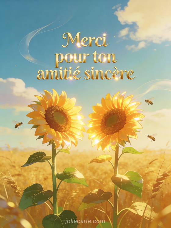 Deux tournesols lumineux côte à côte dans un champ doré sous un ciel bleu avec le texte Merci pour ton amitié sincère