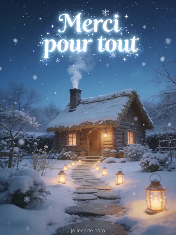 Texte Merci pour tout en lettres blanches lumineuses avec un cottage enneigé fumant au milieu de lanternes allumées sous un ciel bleu nuit étoilé