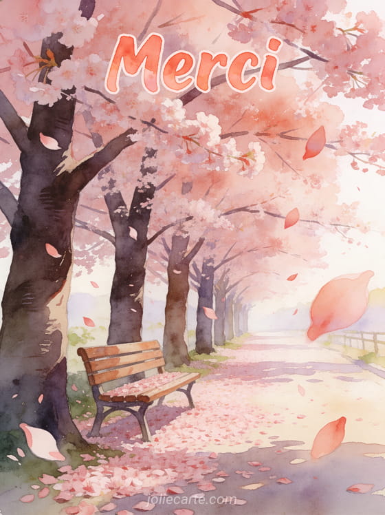 Allée de cerisiers en fleurs avec pétales roses qui volent dans la brise et banc en bois avec le texte Merci