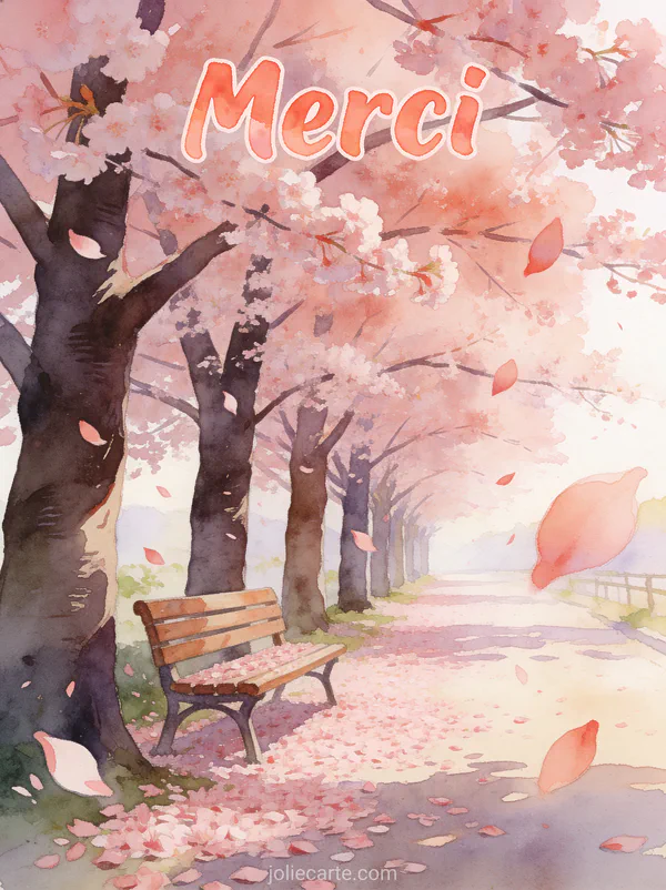 Allée de cerisiers en fleurs avec pétales roses qui volent dans la brise et banc en bois avec le texte Merci