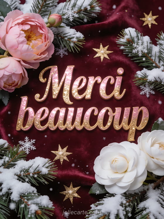 Texte Merci beaucoup en lettres rose et or pailletées avec des pivoines roses et camélias blancs arrangés avec des branches de pin enneigées sur fond bordeaux étoilé
