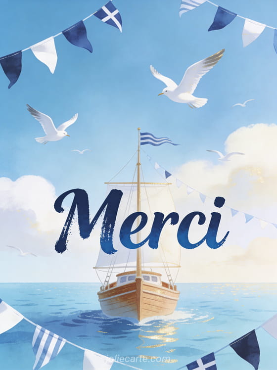 Petit bateau en bois voguant sur une mer bleu pastel avec mouettes et fanions bleus et blancs