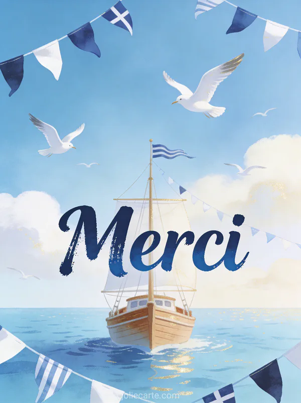 Petit bateau en bois voguant sur une mer bleu pastel avec mouettes et fanions bleus et blancs