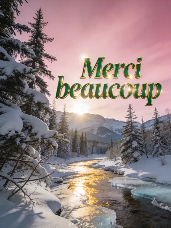 Texte Merci beaucoup en lettres vertes et dorées lumineuses sur un paysage hivernal avec conifères enneigés et ruisseau gelé aux reflets dorés du soleil bas