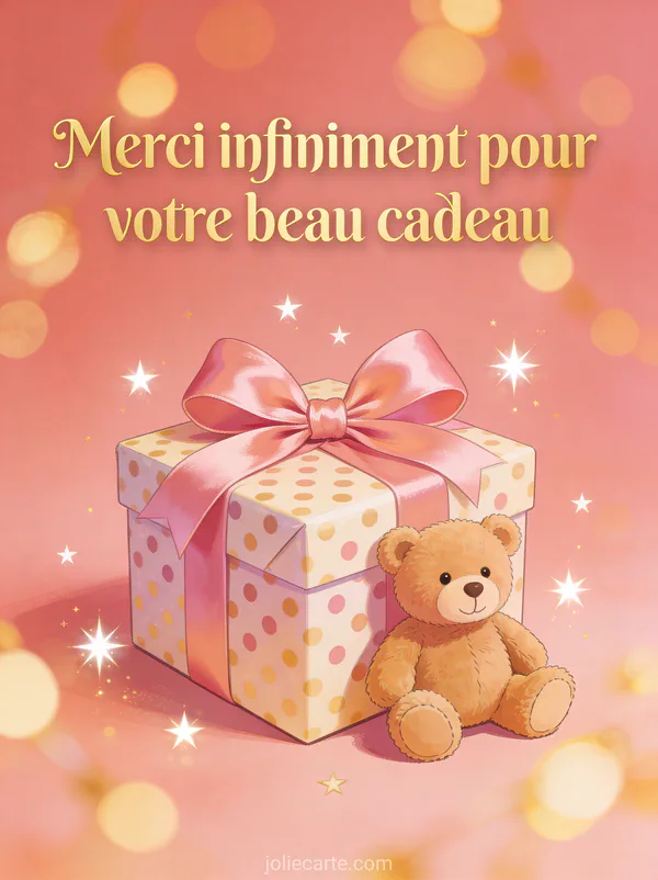 Paquet cadeau à pois avec gros noeud satin rose et petit ours en peluche sur fond rose saumon avec bokeh doré