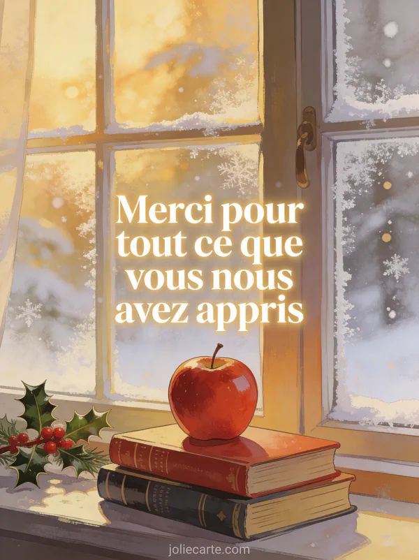 Texte Merci pour tout ce que vous nous avez appris en lettres blanches avec des livres empilés et une pomme rouge près d'une fenêtre givrée hivernale