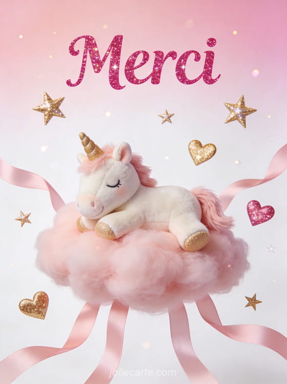 Licorne en peluche posée sur un nuage de coton rose avec étoiles et coeurs dorés style féérique
