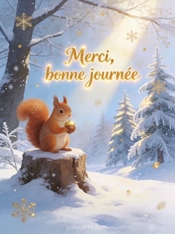 Texte Merci bonne journée en lettres dorées joyeuses avec un écureuil roux tenant un gland doré sur une souche enneigée dans un rayon de soleil matinal d'hiver