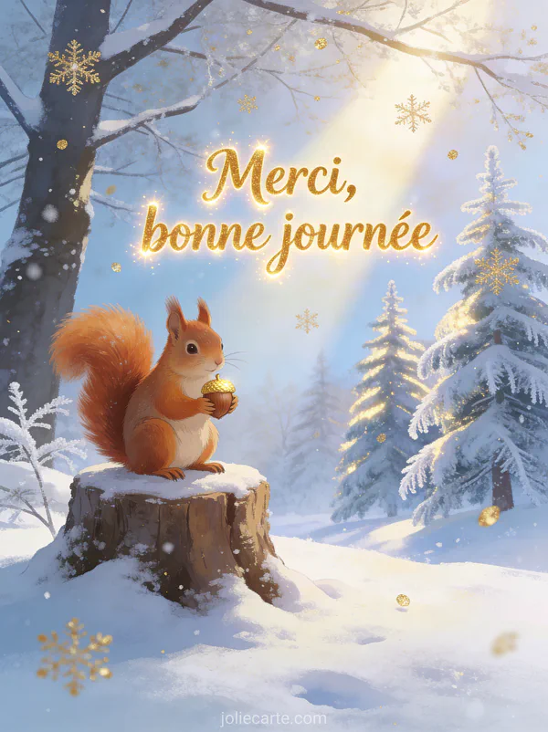 Texte Merci bonne journée en lettres dorées joyeuses avec un écureuil roux tenant un gland doré sur une souche enneigée dans un rayon de soleil matinal d'hiver