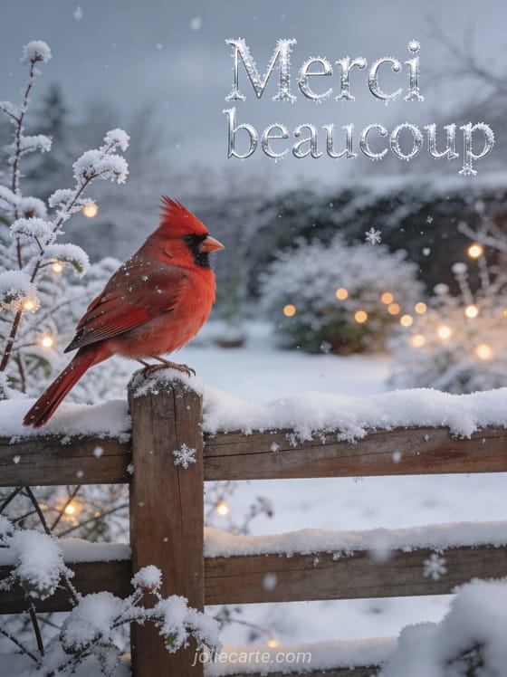 Texte Merci beaucoup en lettres argentées givrées avec un oiseau cardinal rouge posé sur une clôture en bois enneigée dans un jardin hivernal aux lumières chaleureuses