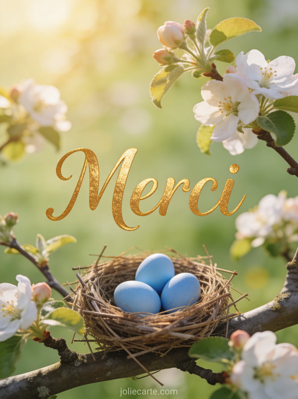 Petit nid d’oiseau avec trois oeufs bleu pastel posé sur une branche de pommier en fleurs style photoréaliste