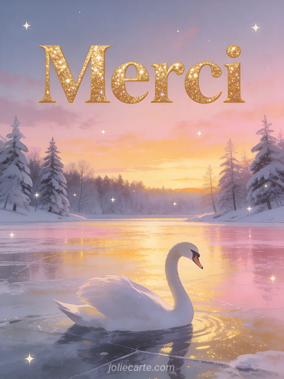 Texte Merci en lettres dorées scintillantes avec un cygne blanc gracieux sur un lac gelé aux reflets dorés du coucher de soleil entouré d'arbres givrés