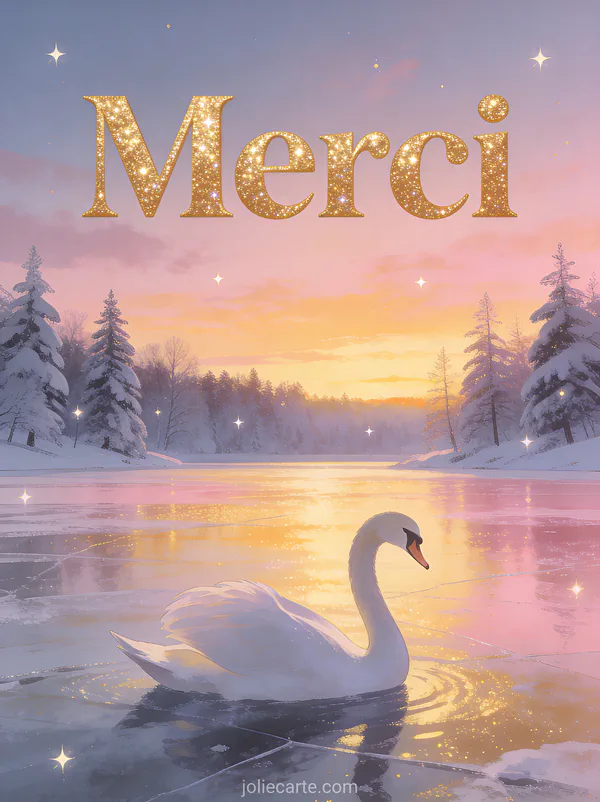 Texte Merci en lettres dorées scintillantes avec un cygne blanc gracieux sur un lac gelé aux reflets dorés du coucher de soleil entouré d'arbres givrés