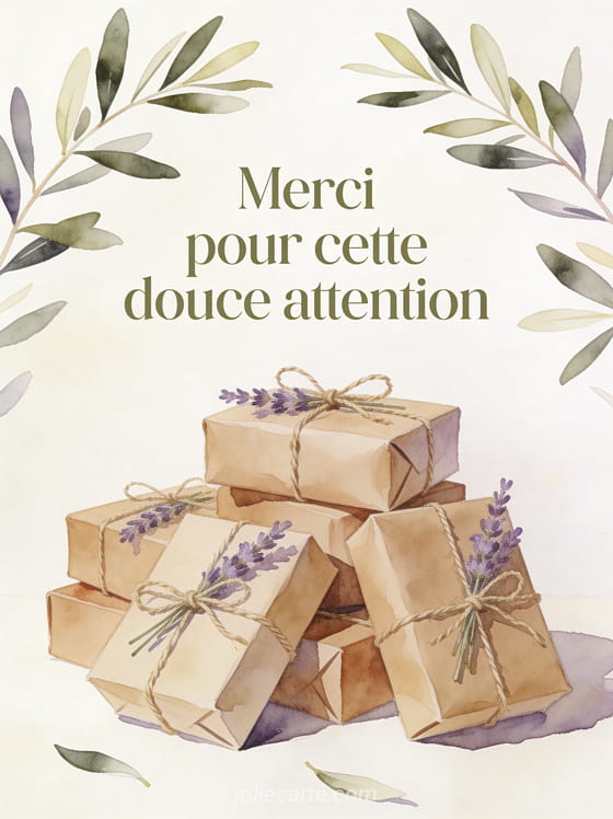 Pile de cadeaux emballés en papier kraft avec noeuds en ficelle et brins de lavande sur fond blanc crème